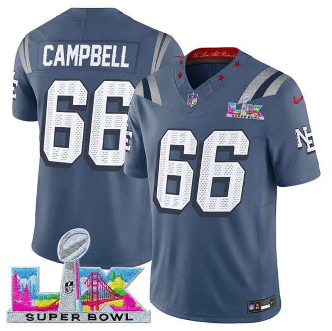 Men's New England Patriots #66 Will Campbell Storm Blue 2025 F.U.S.E. Super Bowl LX Patch “Rivalries” Vapor Limited Stitched Football Jersey